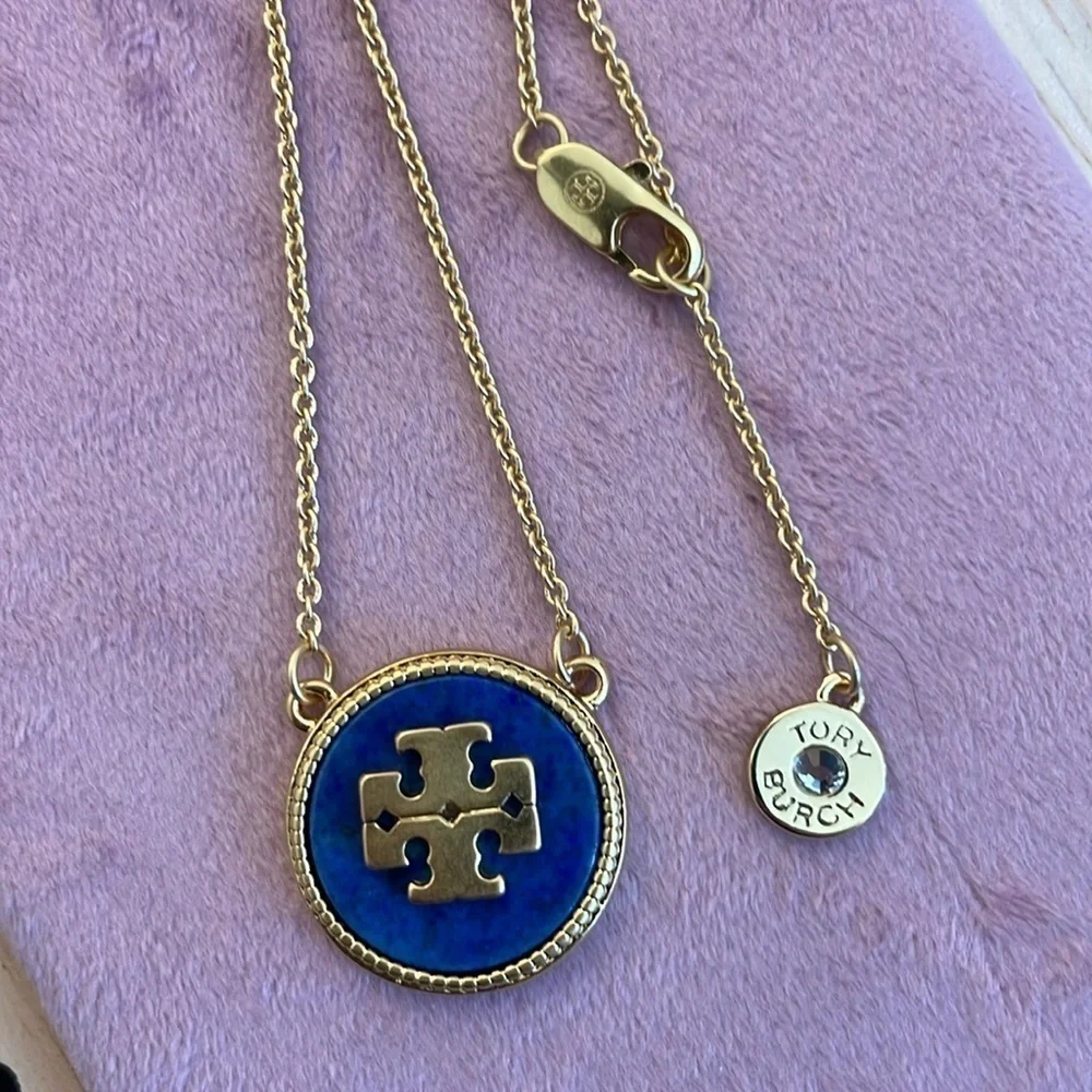Tory Burch Lapis Blue Stone Logo Pendant Necklace Gold Tone Medallion Necklace